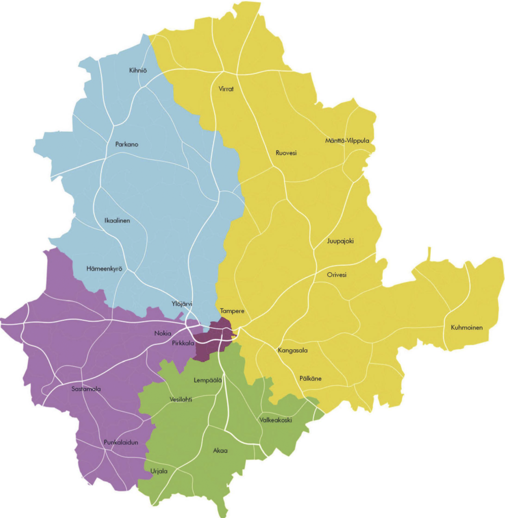 Etelän suunnittelualueen palveluverkkoehdotus on valmistunut. Pirkanmaa on jaettu viiteen suunnittelualueeseen. (Kartta: Pirkanmaan valmistelu)