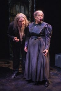 Aku Sajakorpi vaihtaa lennokkaasti roolista seuraavaan. Hän on paljon vartijana koko esityksessä, jotta komedialliset ja dekkarimaiset piirteet toteutuvat. Veera Degerholm on myös monena. Molemmat ovat todellisia taitureita Baskervillen koiran tarinan juoksuttajina. (Kuva: Harri Hinkka)